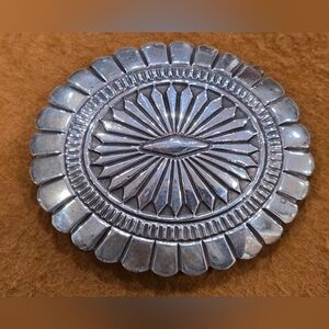 Vtg Native American Sterling Belt Buckle Chiseled Feather and Scallop Design
